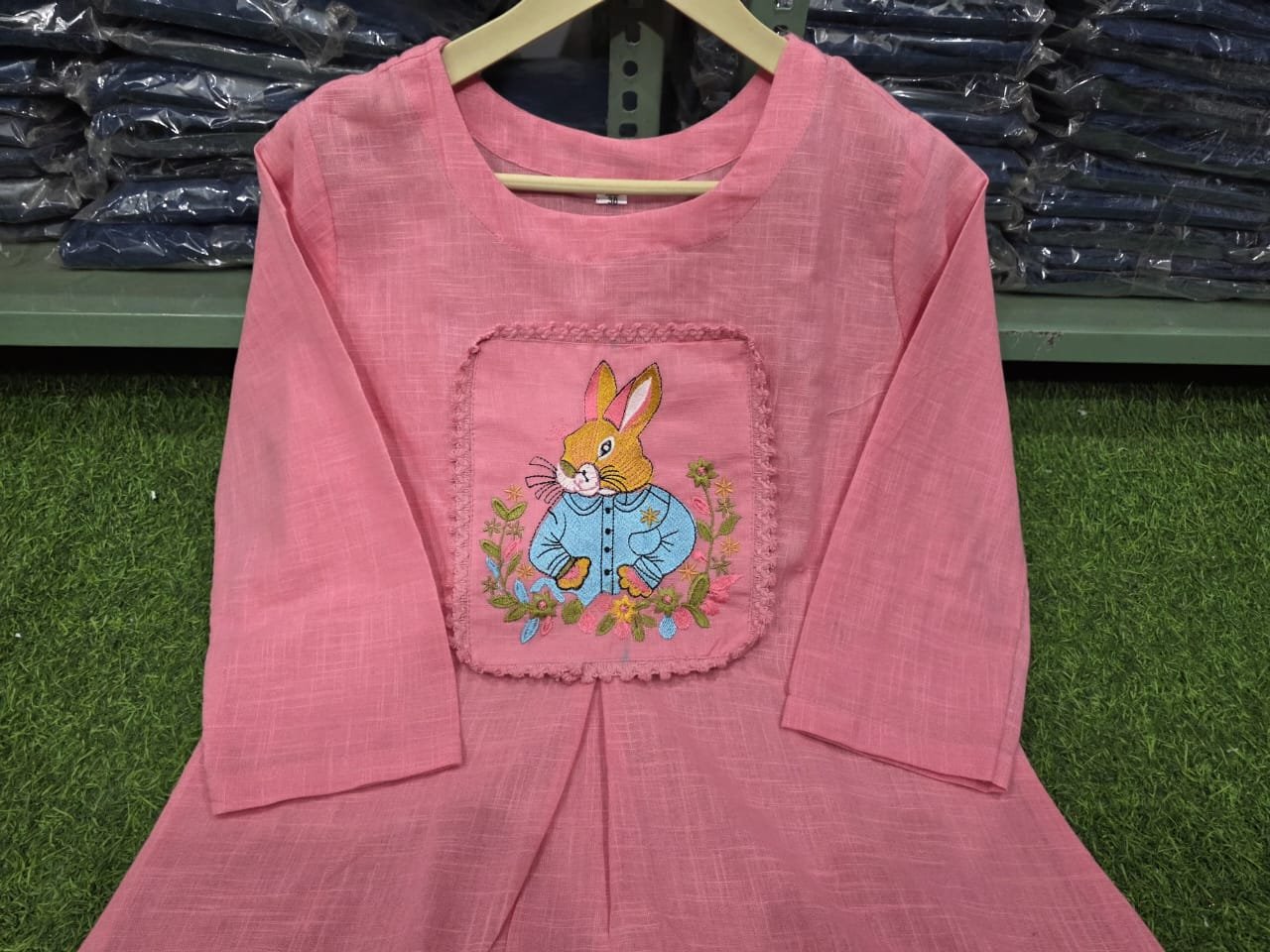 Pink Cotton Slub Embroidered Tunic Set